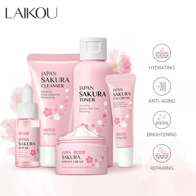 LAIKOU Japão Sakura Skin Care Set Sérum Rejuvenescedor Creme Brilhante Hidratante Desvanecer Manchas 5pcs