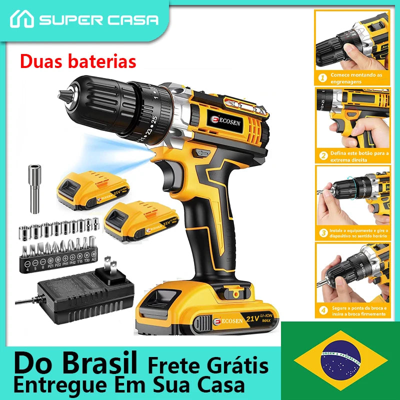 Parafusadeira Furadeira 21v 2 Baterias Recarregáveis